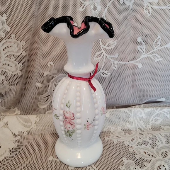 Vintage Signed Fenton Vase Hand Painted Beaded Milk Glass - Picture 7 of 12